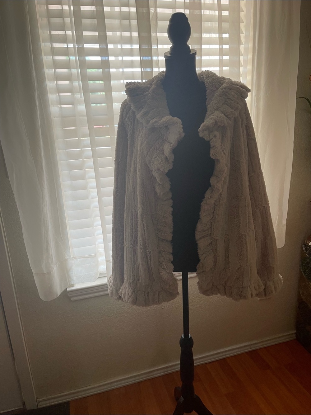 Plush Hooded Faux-Fur Cape Shrug - Cream